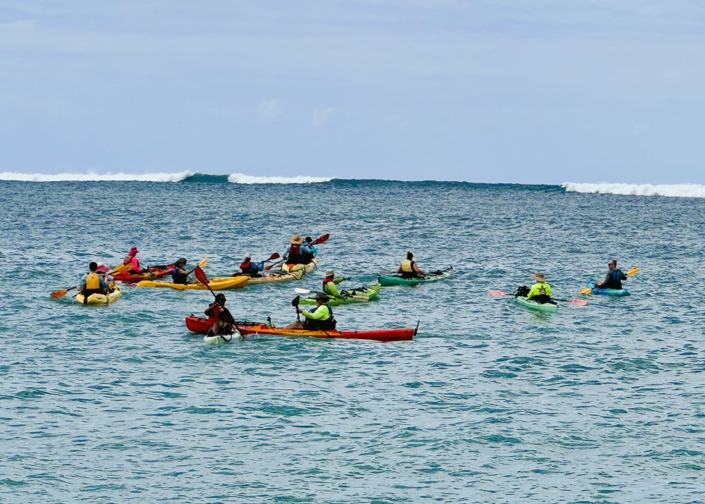 11 kayaks watching a large wave come in