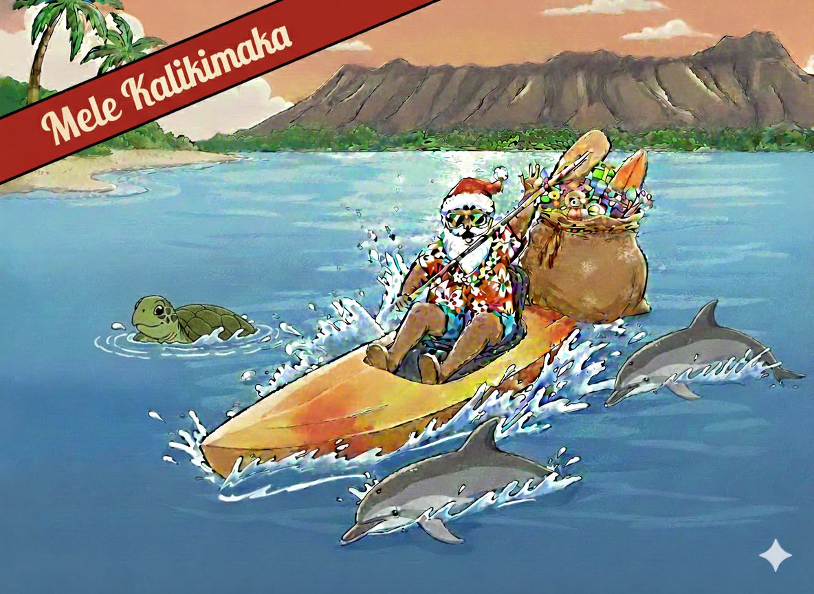 Hawaiian Santa on a kayak with dolphins and a hohu